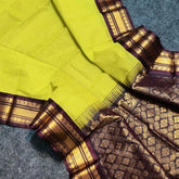 Saree_cotton_gadwal_silk_border_handloom_olive_chocolate_festive_S10724 - Saree - Aakritee - S10724